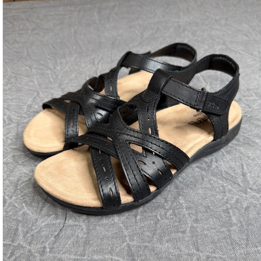 Earth Origins Sandals Womens 6.5 ETSELLIE Black Leather Strappy Flat Comfort